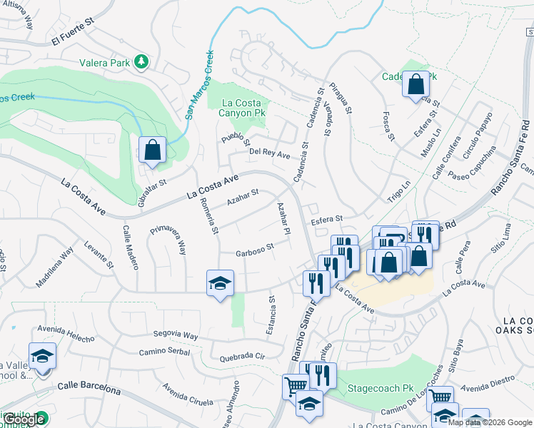 map of restaurants, bars, coffee shops, grocery stores, and more near 3023 Cadencia Street in Carlsbad