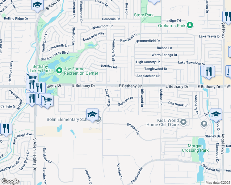 map of restaurants, bars, coffee shops, grocery stores, and more near 1417 Blair Court in Allen