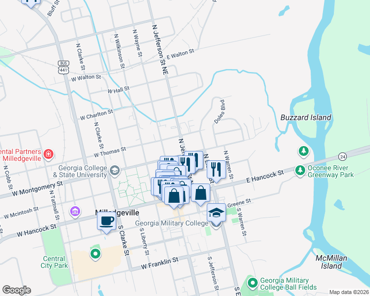 map of restaurants, bars, coffee shops, grocery stores, and more near 331 North Jefferson Street Northeast in Milledgeville