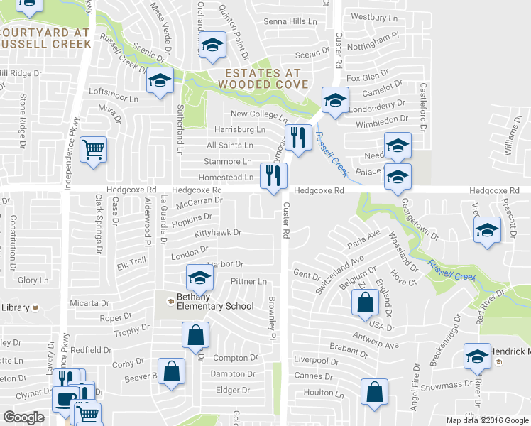 map of restaurants, bars, coffee shops, grocery stores, and more near 7936 Eddie Drive in Plano