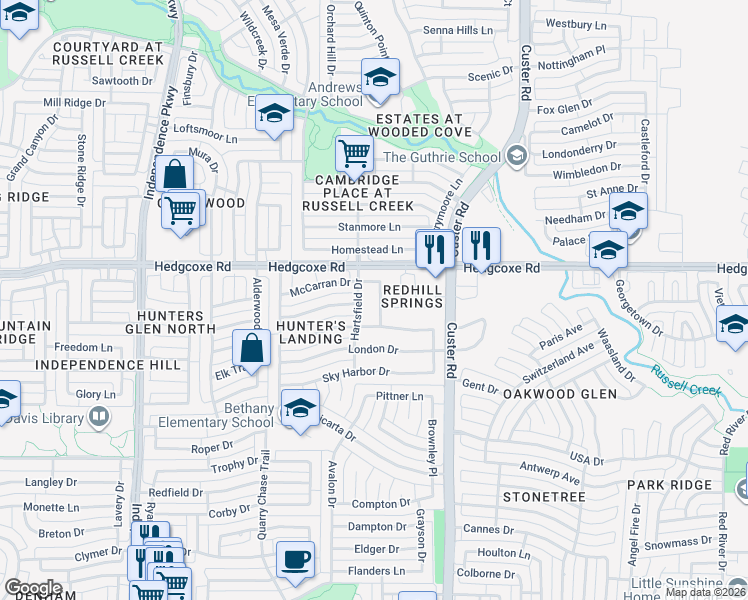 map of restaurants, bars, coffee shops, grocery stores, and more near 7917 Stapleton Drive in Plano