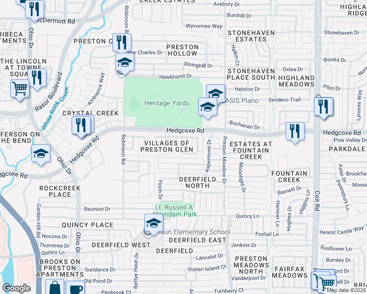 map of restaurants, bars, coffee shops, grocery stores, and more near 7916 Whispering Tree Lane in Plano