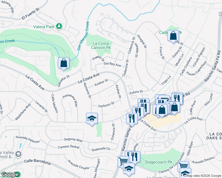 map of restaurants, bars, coffee shops, grocery stores, and more near 3023 Cadencia Street in Carlsbad
