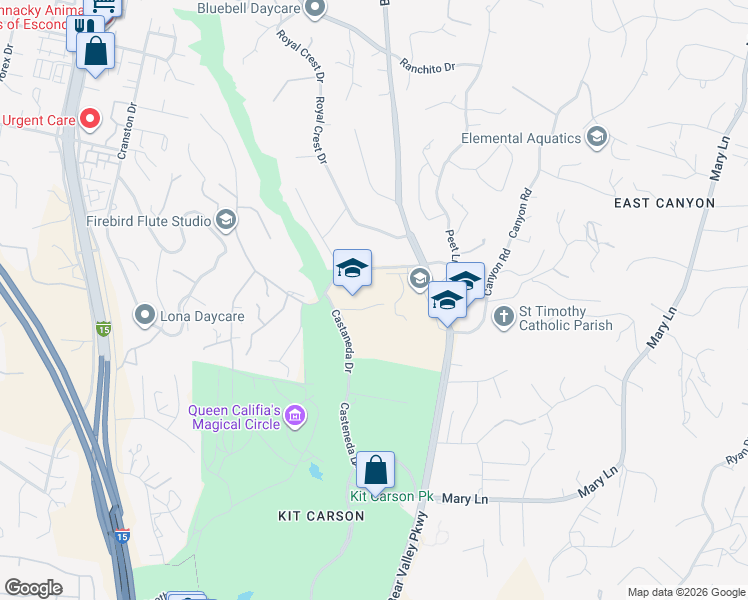 map of restaurants, bars, coffee shops, grocery stores, and more near 3115 Las Palmas Avenue in Escondido