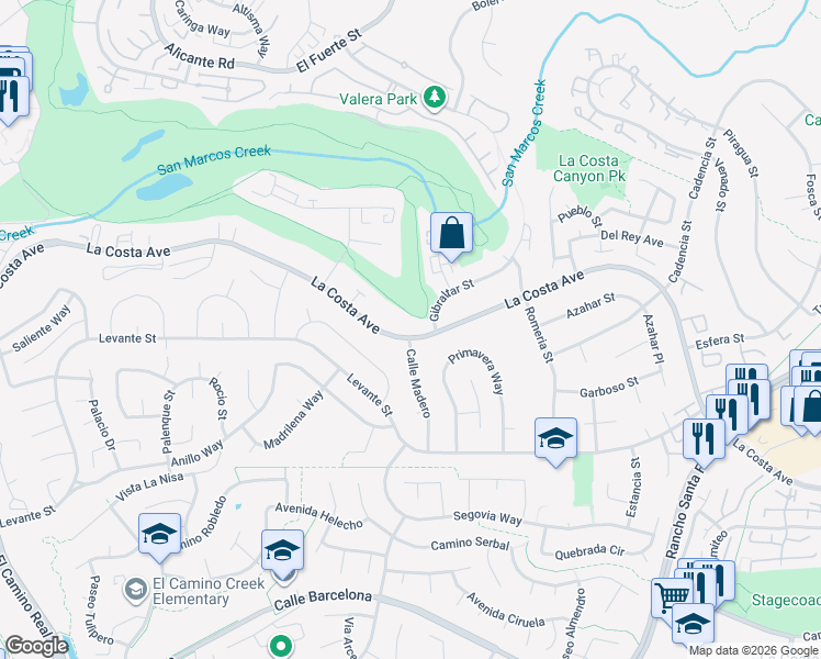 map of restaurants, bars, coffee shops, grocery stores, and more near 2804 La Costa Avenue in Carlsbad