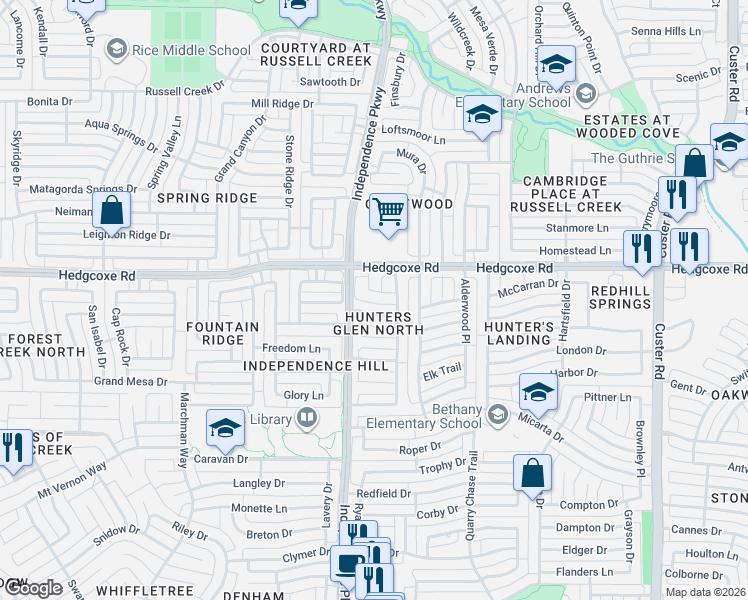 map of restaurants, bars, coffee shops, grocery stores, and more near 7929 Clark Springs Drive in Plano