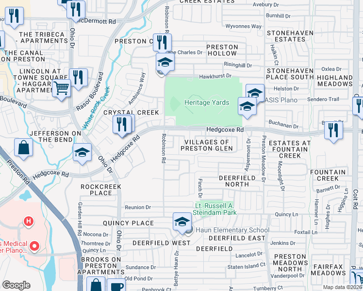 map of restaurants, bars, coffee shops, grocery stores, and more near 7910 Brookmount Street in Plano
