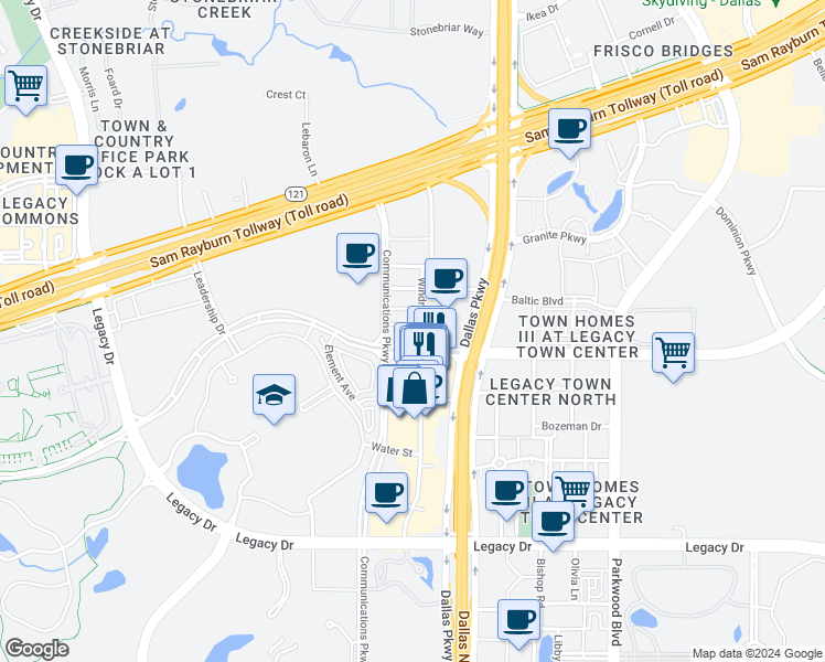 map of restaurants, bars, coffee shops, grocery stores, and more near 7901 Windrose Avenue in Frisco