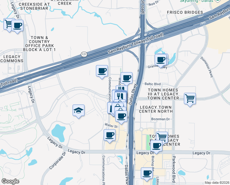 map of restaurants, bars, coffee shops, grocery stores, and more near 7901 Windrose Avenue in Frisco
