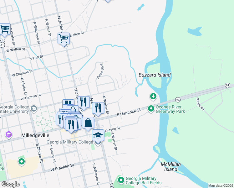 map of restaurants, bars, coffee shops, grocery stores, and more near 460 East Montogomery Street in Milledgeville