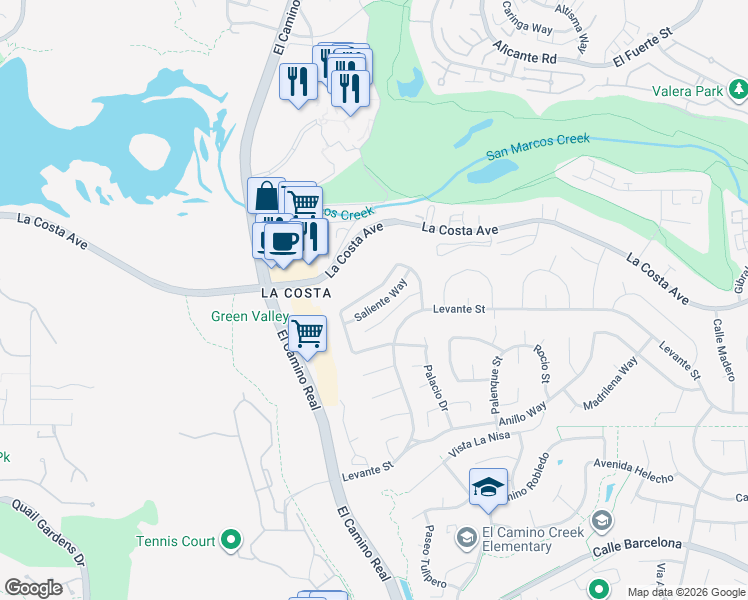 map of restaurants, bars, coffee shops, grocery stores, and more near 2014 Saliente Way in Carlsbad