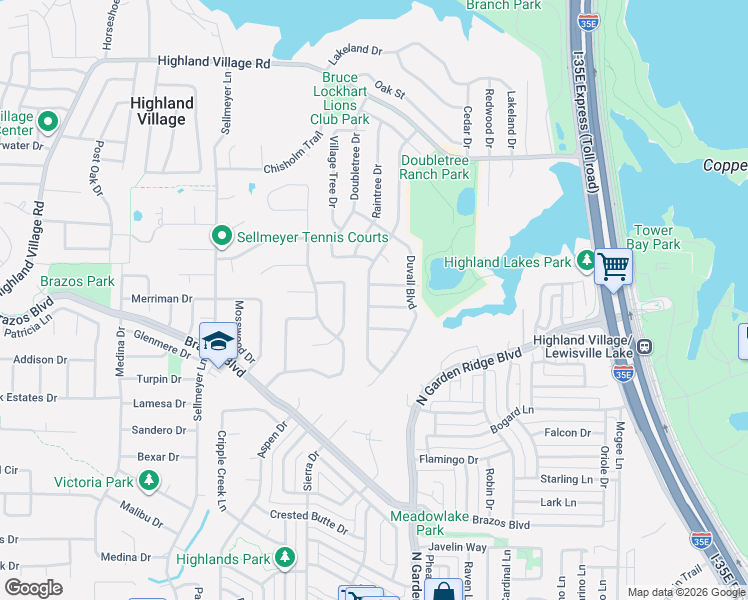 map of restaurants, bars, coffee shops, grocery stores, and more near 501 Greensprings Street in Highland Village