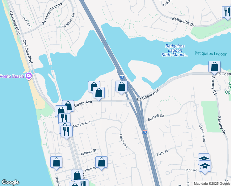 map of restaurants, bars, coffee shops, grocery stores, and more near 2061 East Pearl Street in Encinitas
