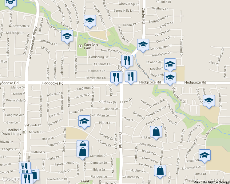 map of restaurants, bars, coffee shops, grocery stores, and more near 7936 Eddie Drive in Plano