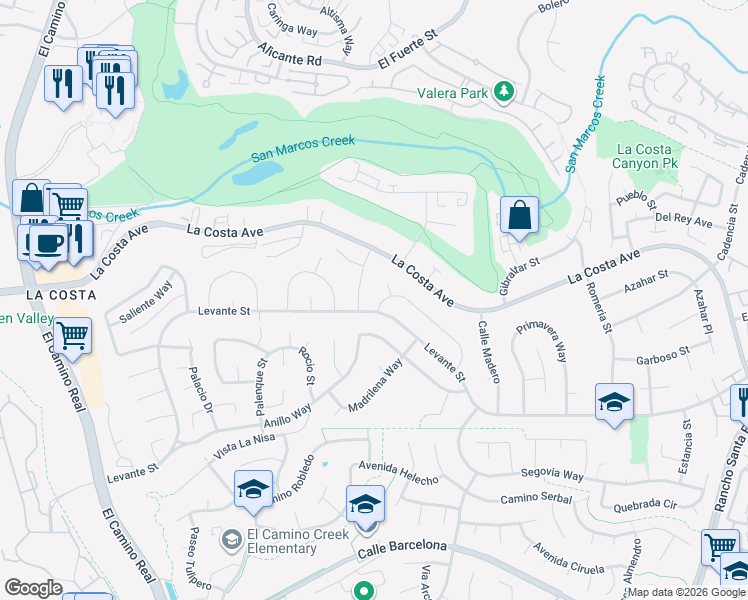 map of restaurants, bars, coffee shops, grocery stores, and more near 2622 Mallorca Place in Carlsbad