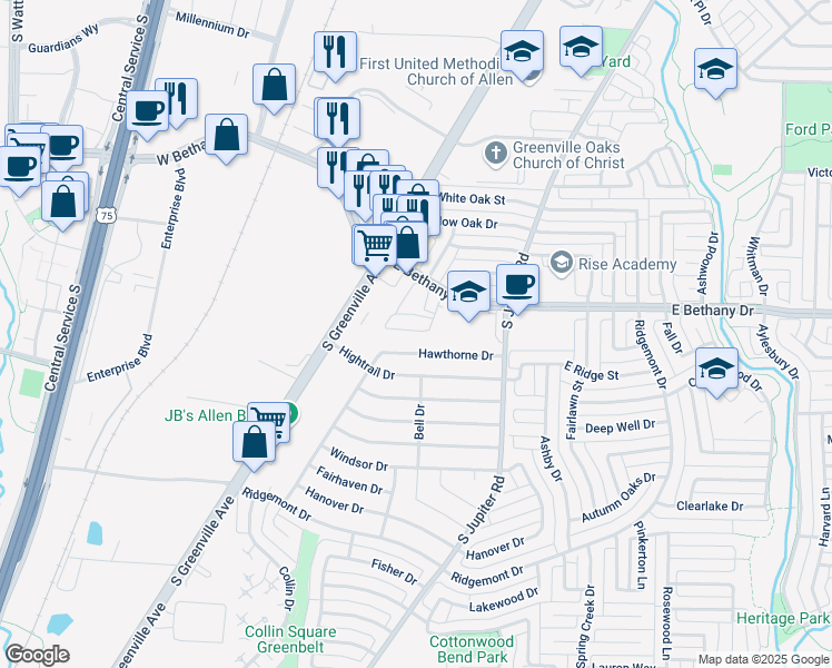 map of restaurants, bars, coffee shops, grocery stores, and more near 540 East Bethany Drive in Allen