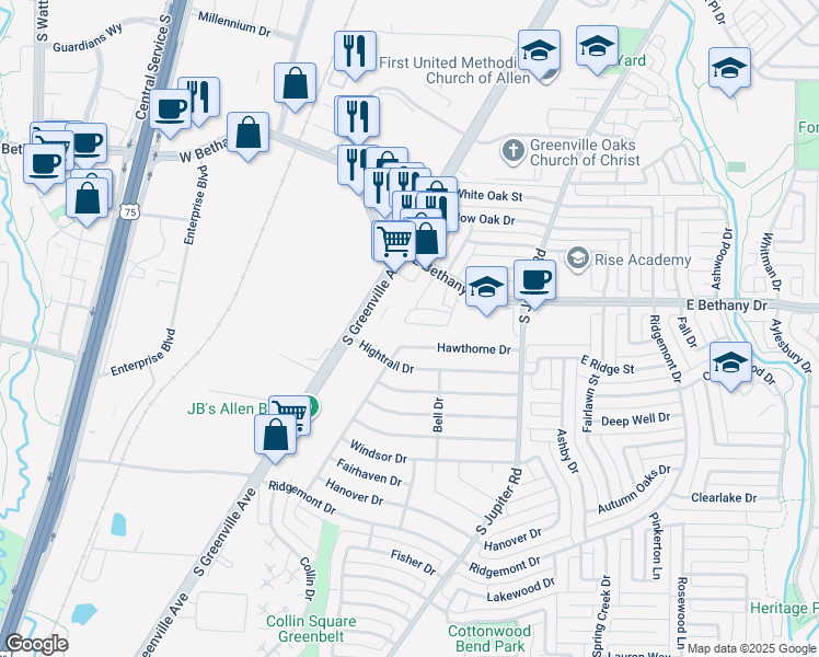 map of restaurants, bars, coffee shops, grocery stores, and more near 540 East Bethany Drive in Allen
