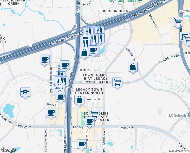 map of restaurants, bars, coffee shops, grocery stores, and more near 5745 Knox Drive in Plano