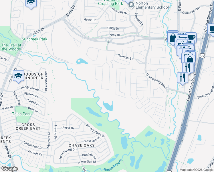 map of restaurants, bars, coffee shops, grocery stores, and more near 926 Brett Drive in Allen