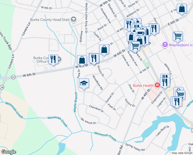 map of restaurants, bars, coffee shops, grocery stores, and more near 503 Woodbine Road in Waynesboro