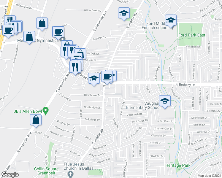 map of restaurants, bars, coffee shops, grocery stores, and more near 610 East Bethany Drive in Allen