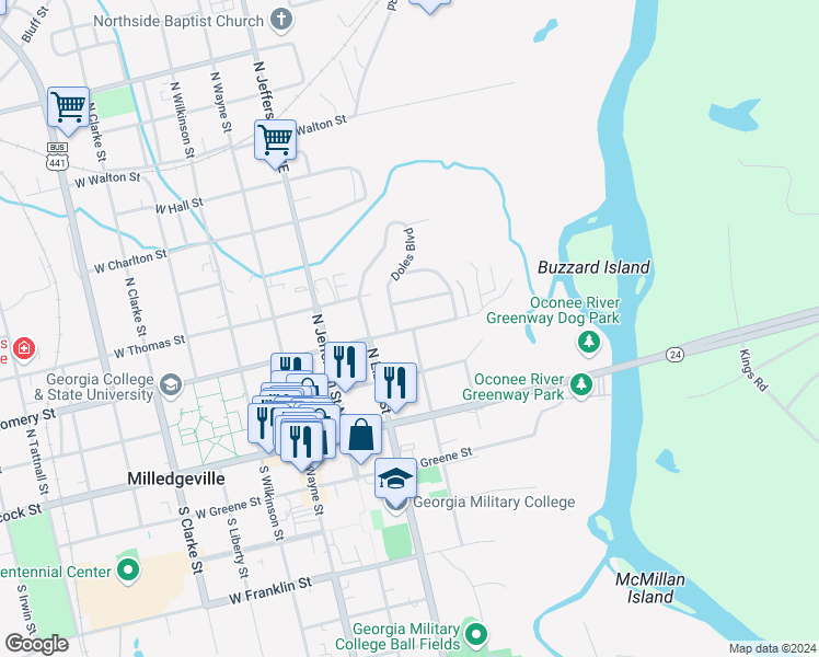 map of restaurants, bars, coffee shops, grocery stores, and more near 350 East Montogomery Street in Milledgeville
