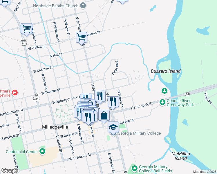 map of restaurants, bars, coffee shops, grocery stores, and more near 337 North Elbert Street in Milledgeville