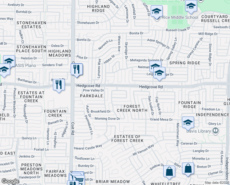 map of restaurants, bars, coffee shops, grocery stores, and more near 3633 Oakcrest Drive in Plano