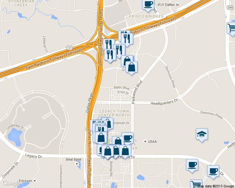 map of restaurants, bars, coffee shops, grocery stores, and more near 5745 Knox Drive in Plano