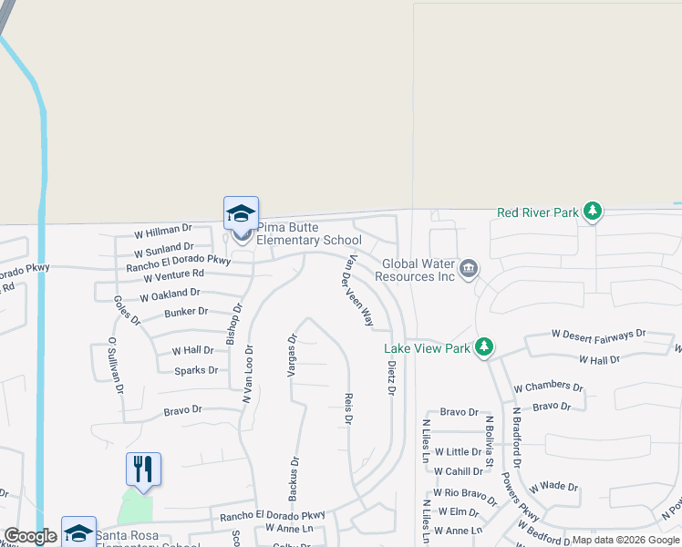map of restaurants, bars, coffee shops, grocery stores, and more near 22552 Van Der Veen Way in Maricopa