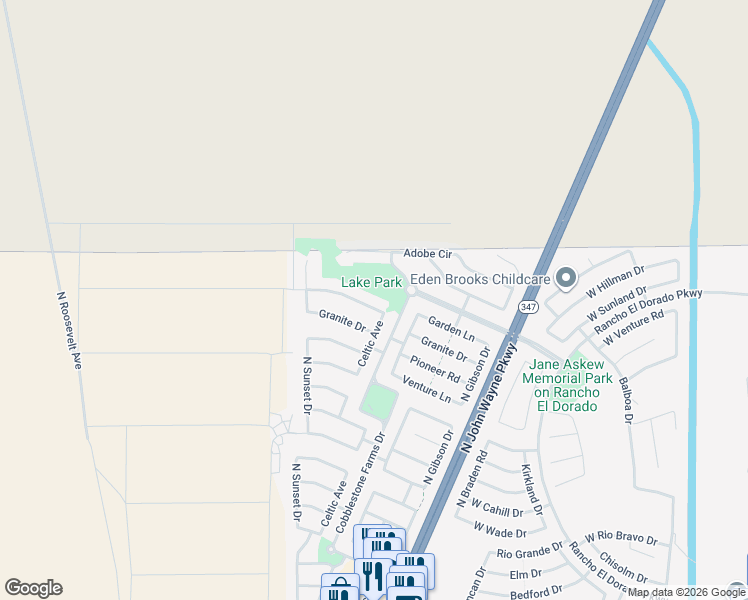 map of restaurants, bars, coffee shops, grocery stores, and more near 44554 Garden Lane in Maricopa
