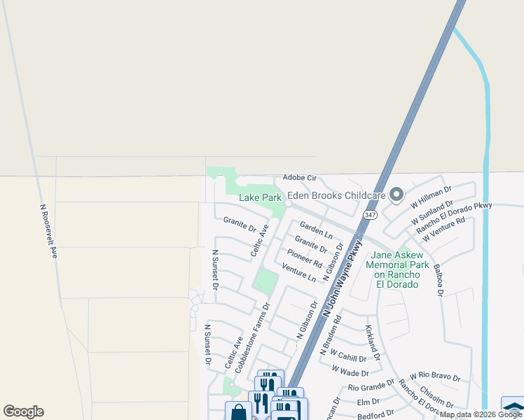 map of restaurants, bars, coffee shops, grocery stores, and more near 44554 Garden Lane in Maricopa