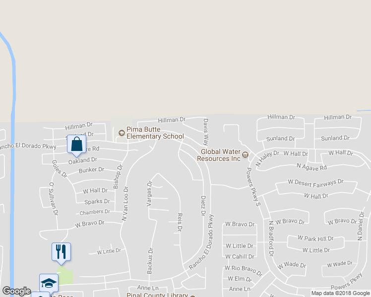 map of restaurants, bars, coffee shops, grocery stores, and more near 22499 Dietz Drive in Maricopa