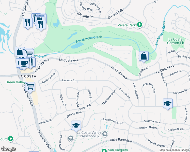 map of restaurants, bars, coffee shops, grocery stores, and more near 2425 Sacada Circle in Carlsbad