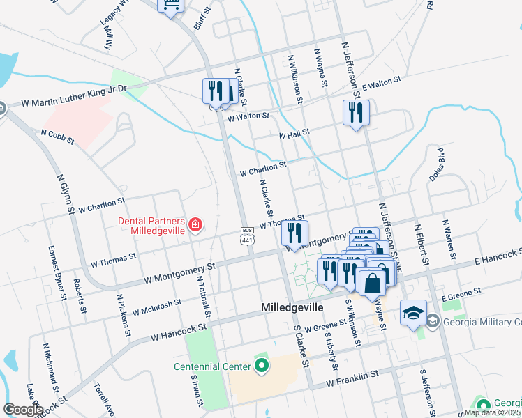 map of restaurants, bars, coffee shops, grocery stores, and more near 430 North Clarke Street in Milledgeville