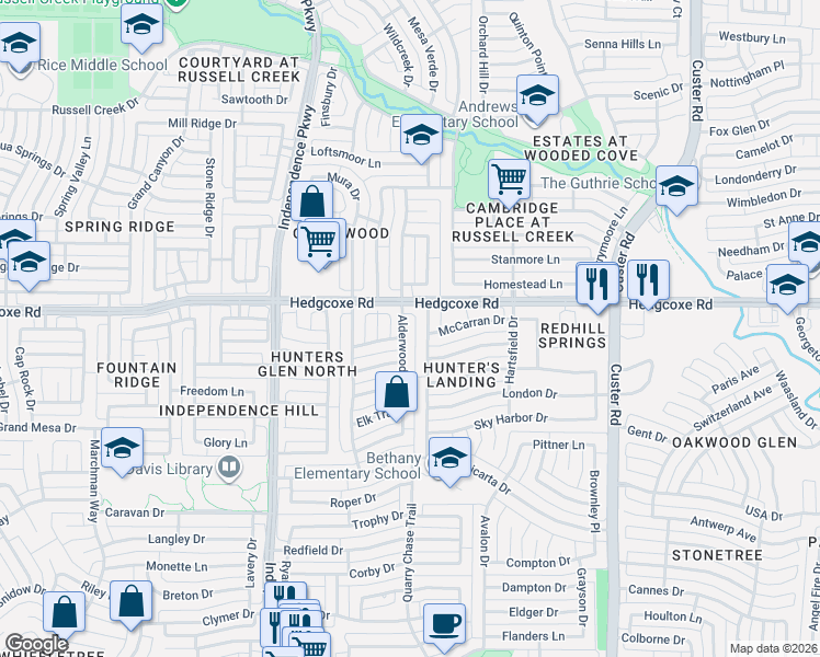 map of restaurants, bars, coffee shops, grocery stores, and more near 7906 La Guardia Drive in Plano