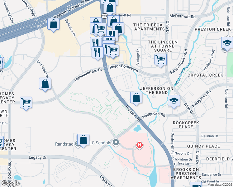 map of restaurants, bars, coffee shops, grocery stores, and more near 7993 Preston Road in Plano
