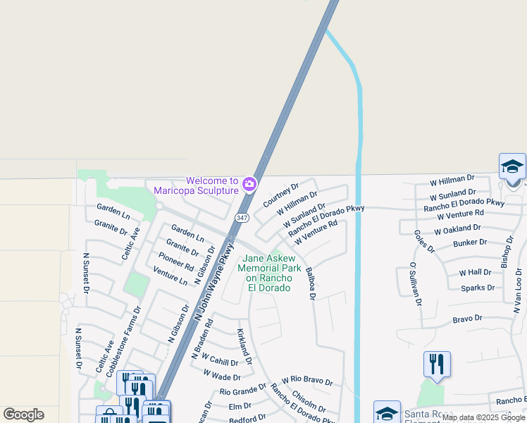 map of restaurants, bars, coffee shops, grocery stores, and more near 43644 Courtney Drive in Maricopa