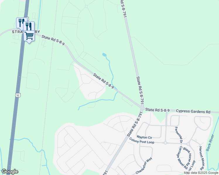 map of restaurants, bars, coffee shops, grocery stores, and more near 1001 Bald Cypress Drive in Moncks Corner