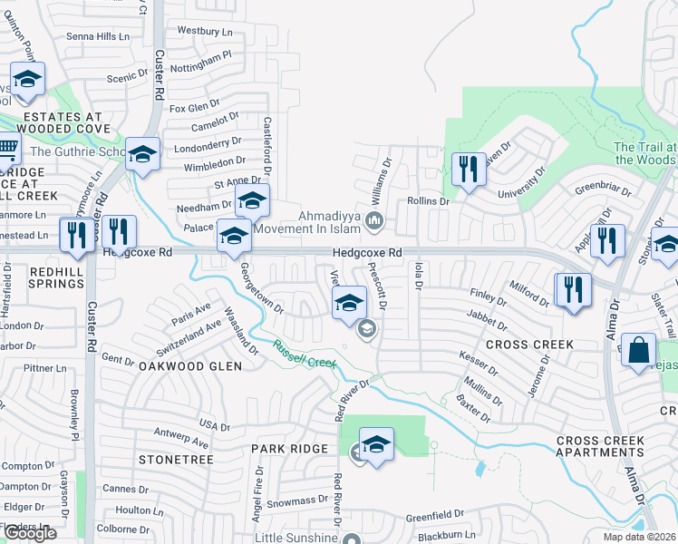 map of restaurants, bars, coffee shops, grocery stores, and more near 7929 Steppington Drive in Plano