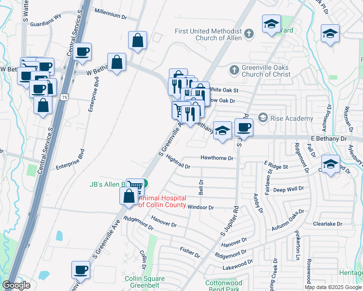 map of restaurants, bars, coffee shops, grocery stores, and more near in Allen