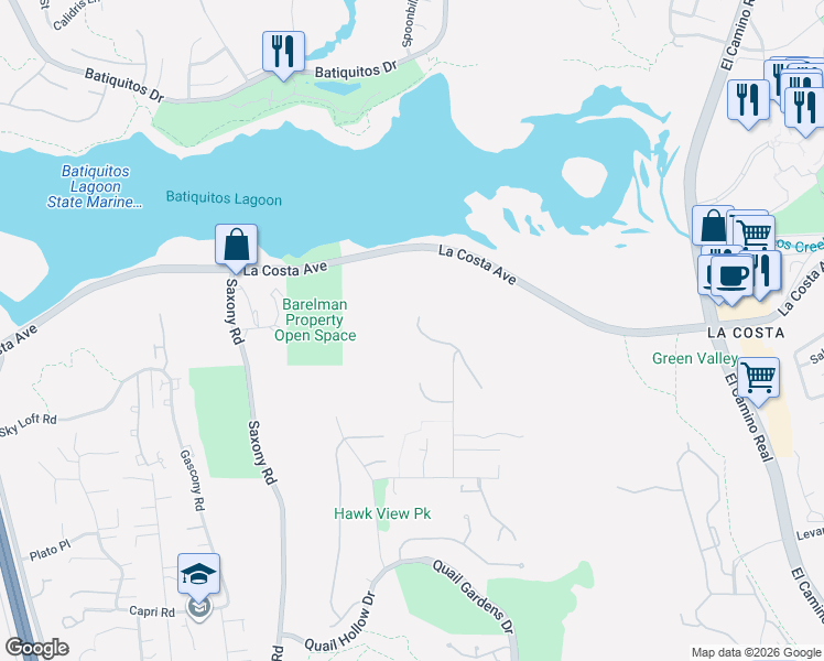 map of restaurants, bars, coffee shops, grocery stores, and more near 1734 Bella Laguna Court in Encinitas