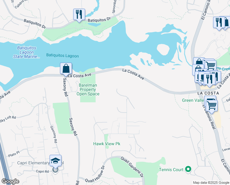 map of restaurants, bars, coffee shops, grocery stores, and more near 1734 Bella Laguna Court in Encinitas
