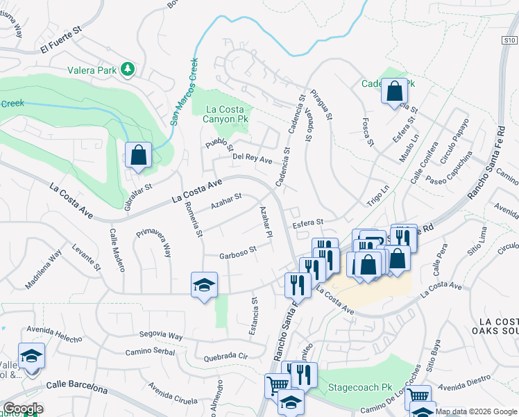 map of restaurants, bars, coffee shops, grocery stores, and more near 3201 Azahar Place in Carlsbad