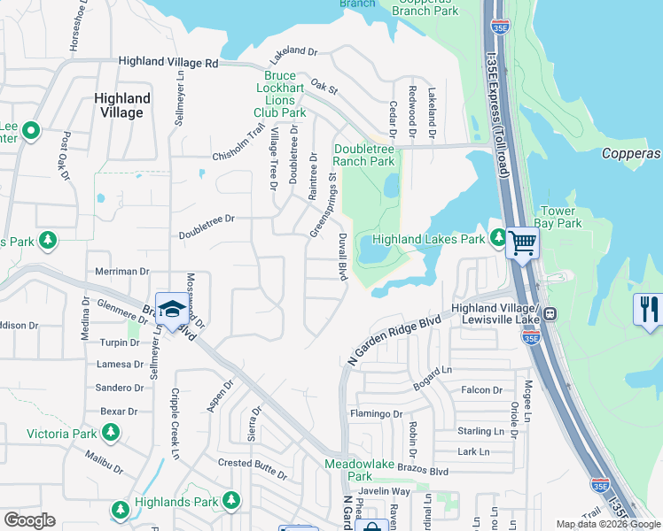 map of restaurants, bars, coffee shops, grocery stores, and more near 326 Big Elm Street in Highland Village