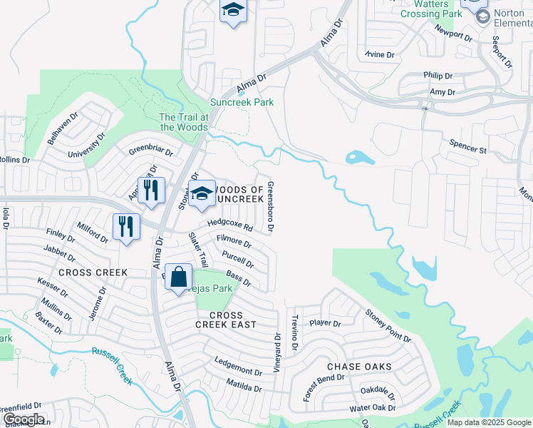 map of restaurants, bars, coffee shops, grocery stores, and more near 8017 Greensboro Drive in Plano
