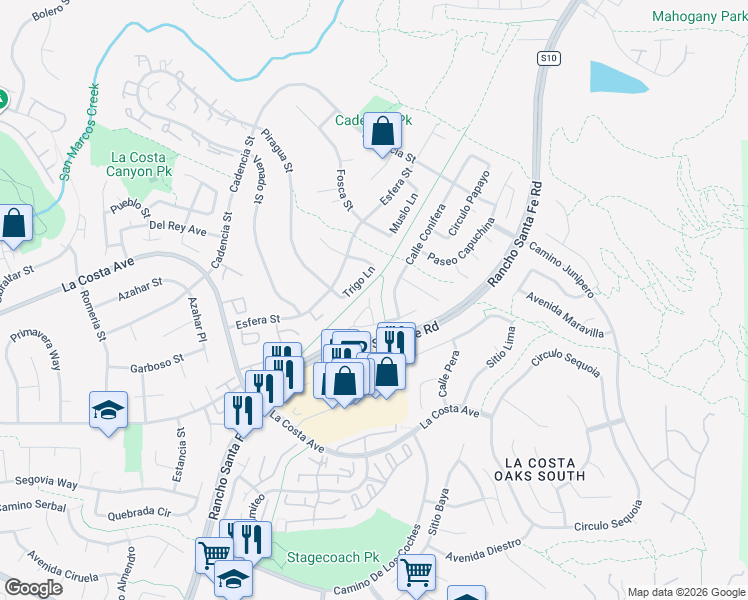 map of restaurants, bars, coffee shops, grocery stores, and more near Old Ranch Santa Fe Road in Carlsbad
