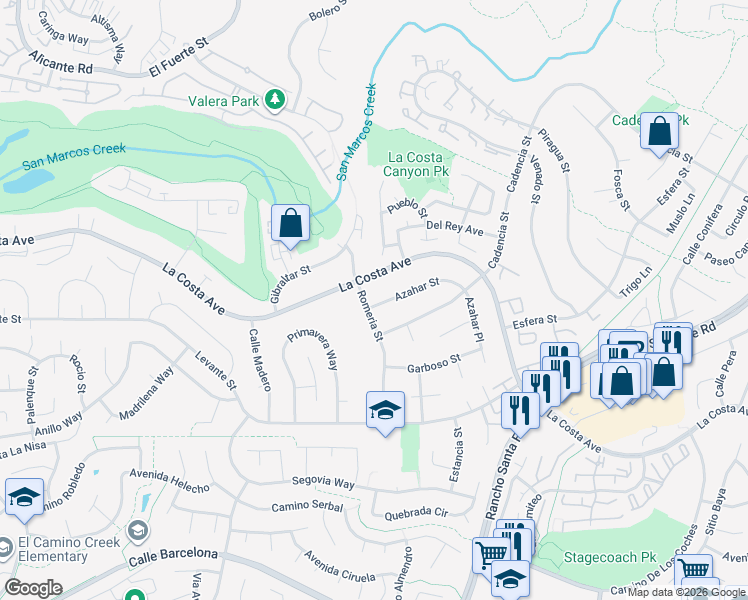 map of restaurants, bars, coffee shops, grocery stores, and more near 7600 Romeria Street in Carlsbad