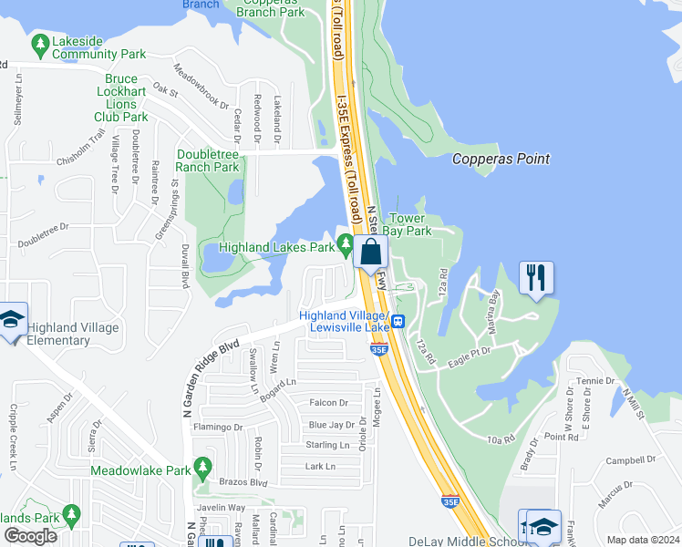 map of restaurants, bars, coffee shops, grocery stores, and more near 2308 Spenrock Court in Lewisville