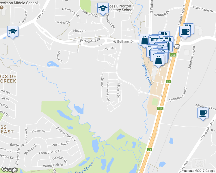 map of restaurants, bars, coffee shops, grocery stores, and more near Sewanee Drive in Allen